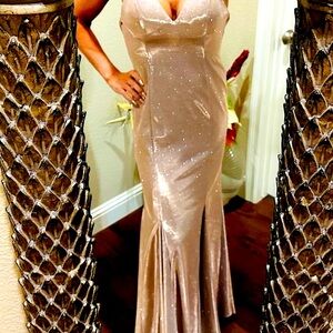 NWOT! Colette Mon Cheri Liquid Gold Gown with Cross Back Straps